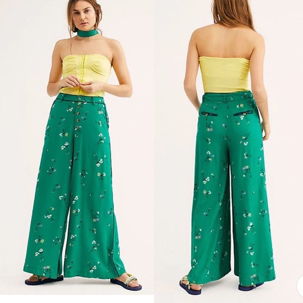 Free People Green Floral Wide Leg Pants